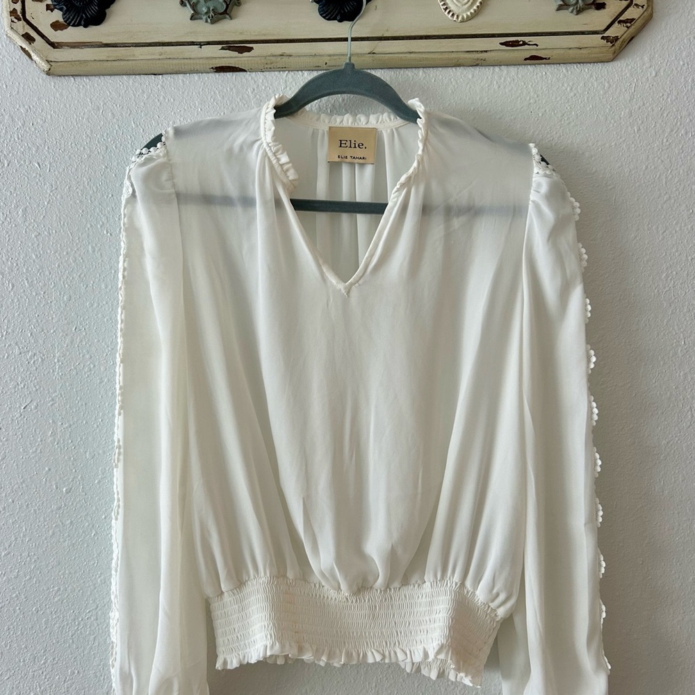 Elie Tahari Cream Ruffled Smocked Blouse